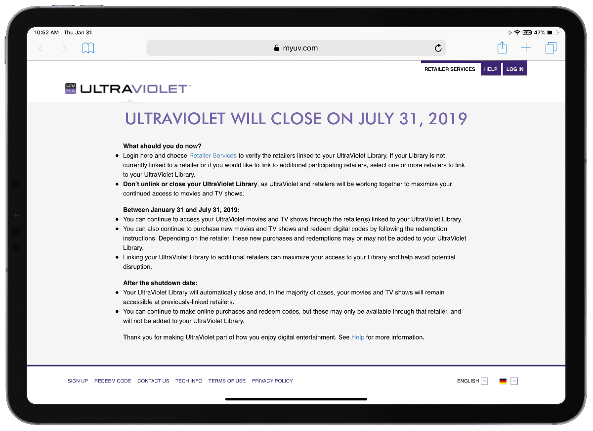 ultraviolet website on iPad pro