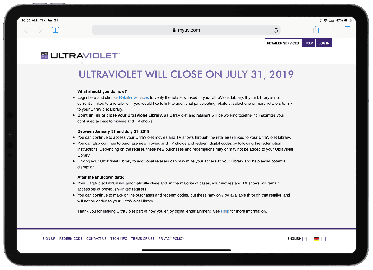 which let people store purchases movies in the cloud Ultraviolet Cloud DVD Service Shutting Down July 31