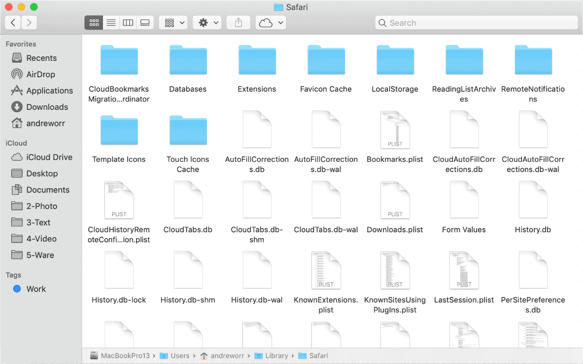 screenshot of ~/library/safari in finder