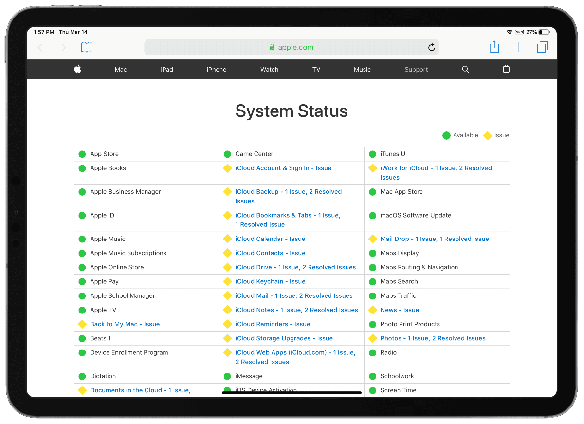 apple system status page showing icloud outage