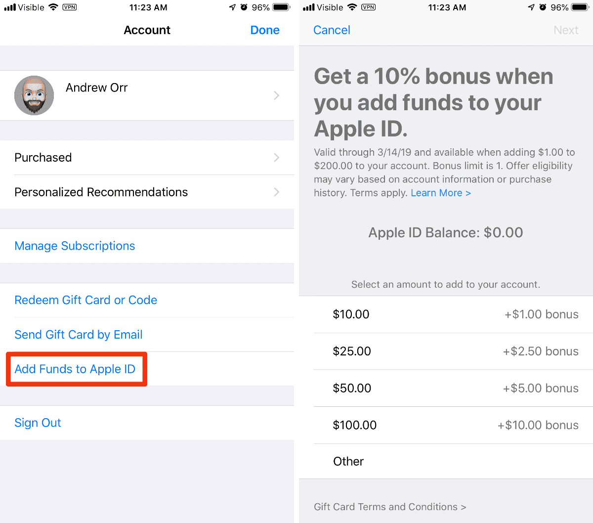 apple id funds on iOS