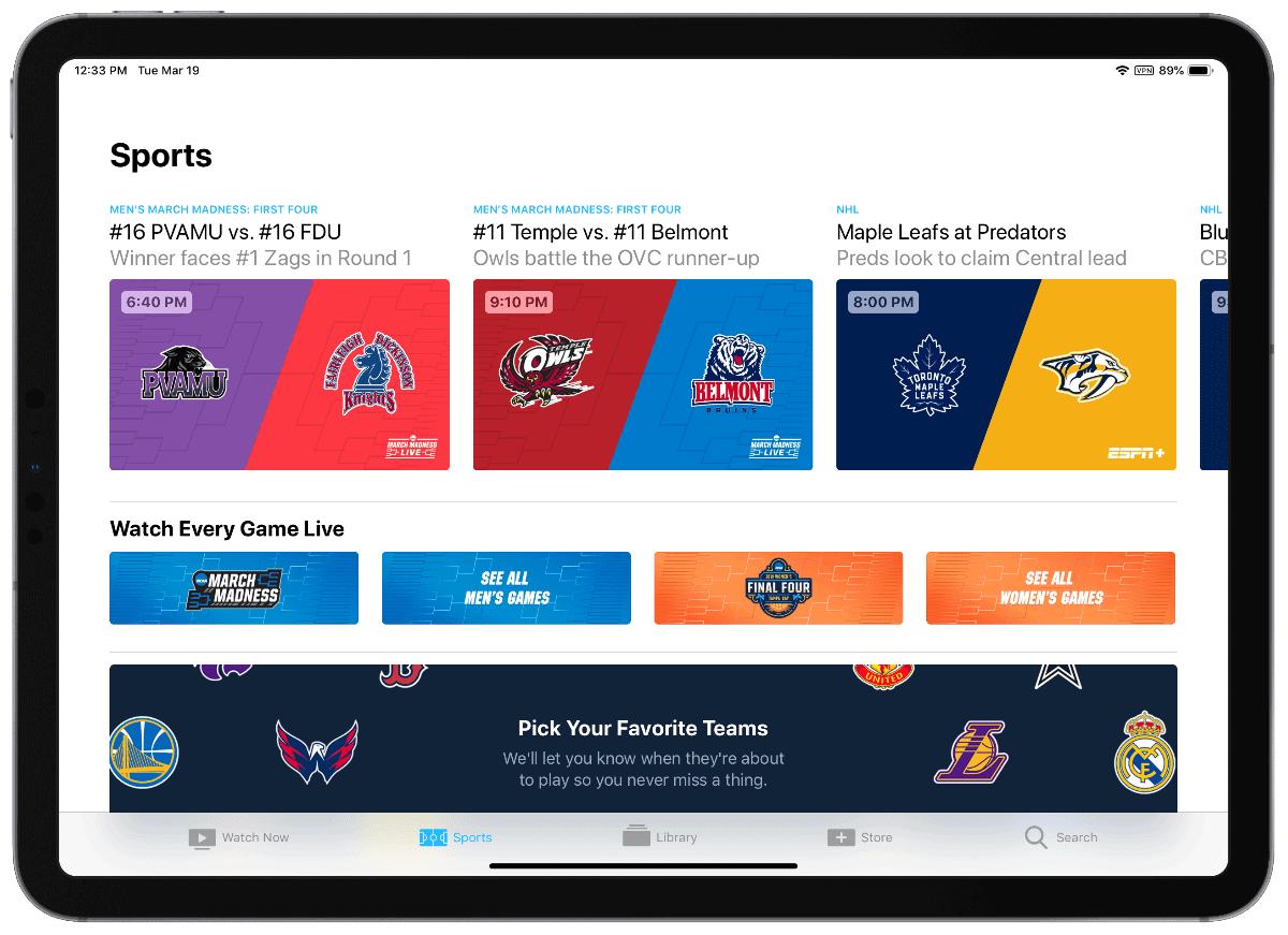 screenshot of apple TV sports on iPad pro