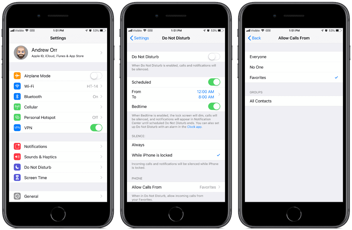 screenshots of do not disturb in iOS settings