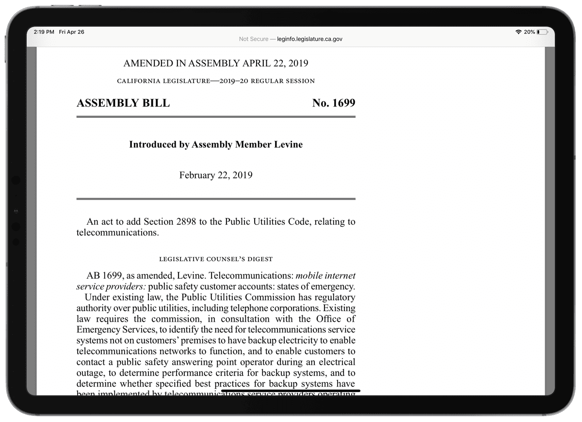 Screenshot of California bill AB-1699