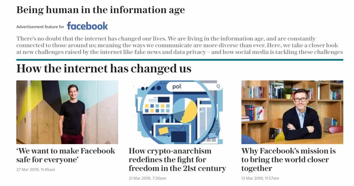 Facebook Runs Sponsored Content in Daily Telegraph to Help Get Its Message Out