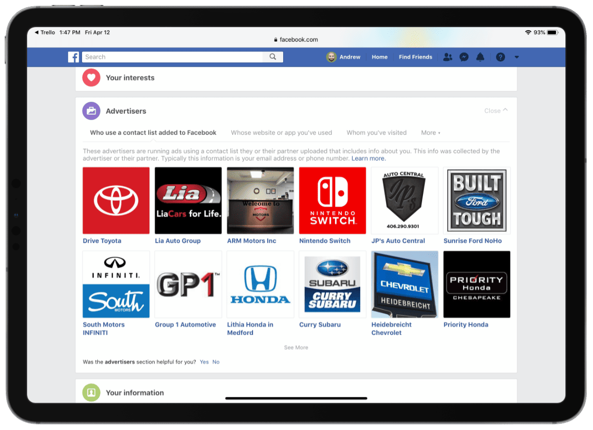 Screenshot of Facebook advertisers
