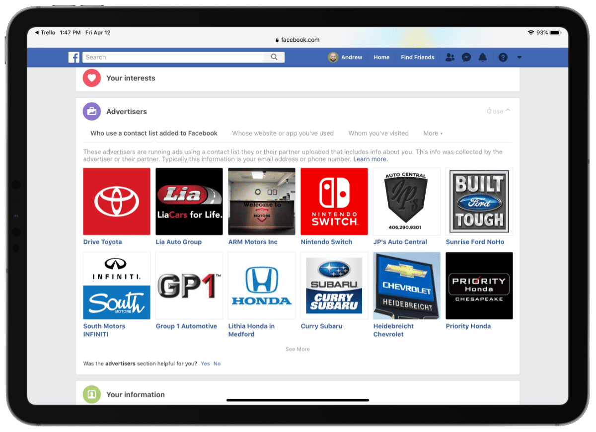 Screenshot of Facebook advertisers 