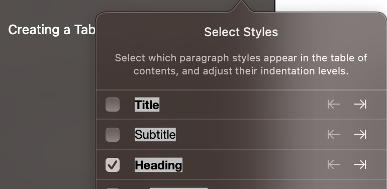 Select Paragraph Styles Mac Table of Contents Pages