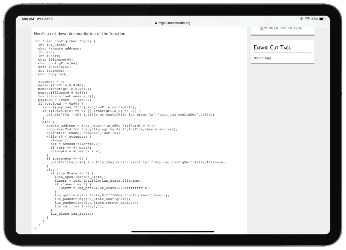 Screenshot of zero day exploit code for TP link