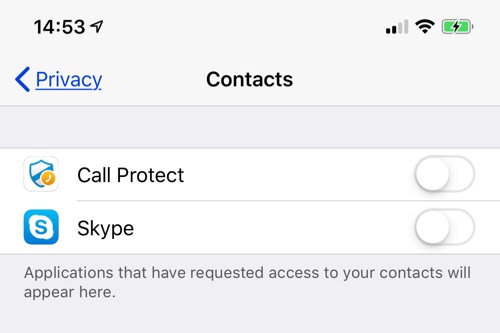 iOS > Settings > Privacy > Contacts