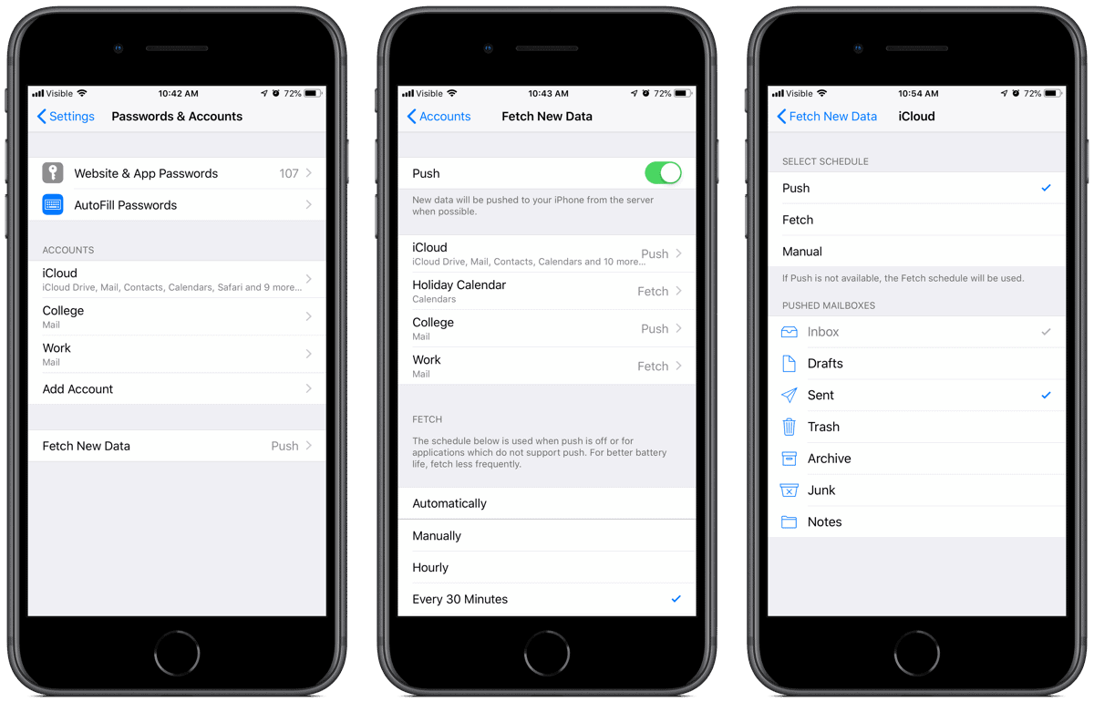 Screenshots of iOS mail push and fetch