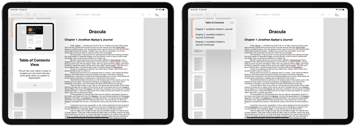 Screenshots of a table of contents in pages on iPad