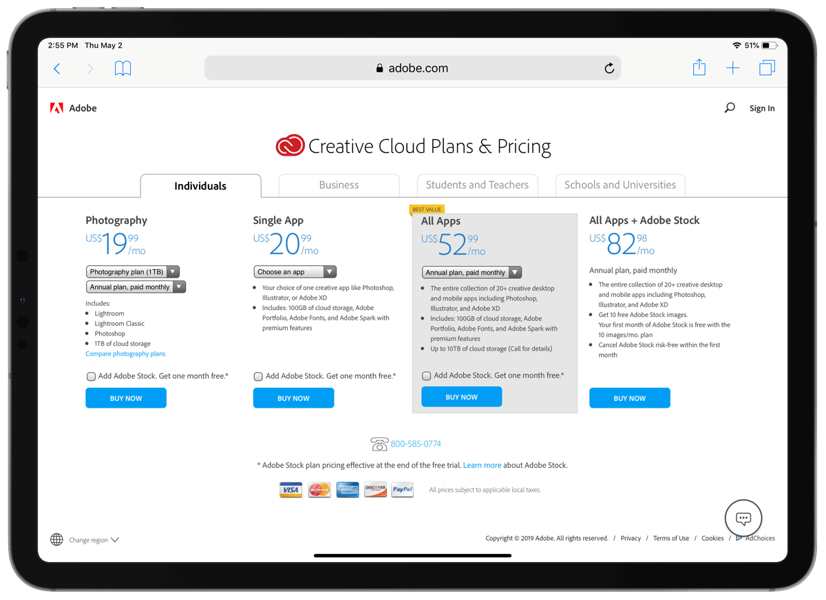 Screenshot of adobe creative cloud plans