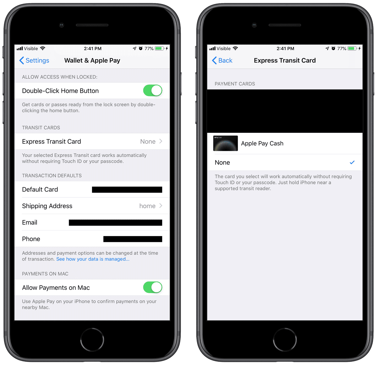 Apple Pay express transit card settings