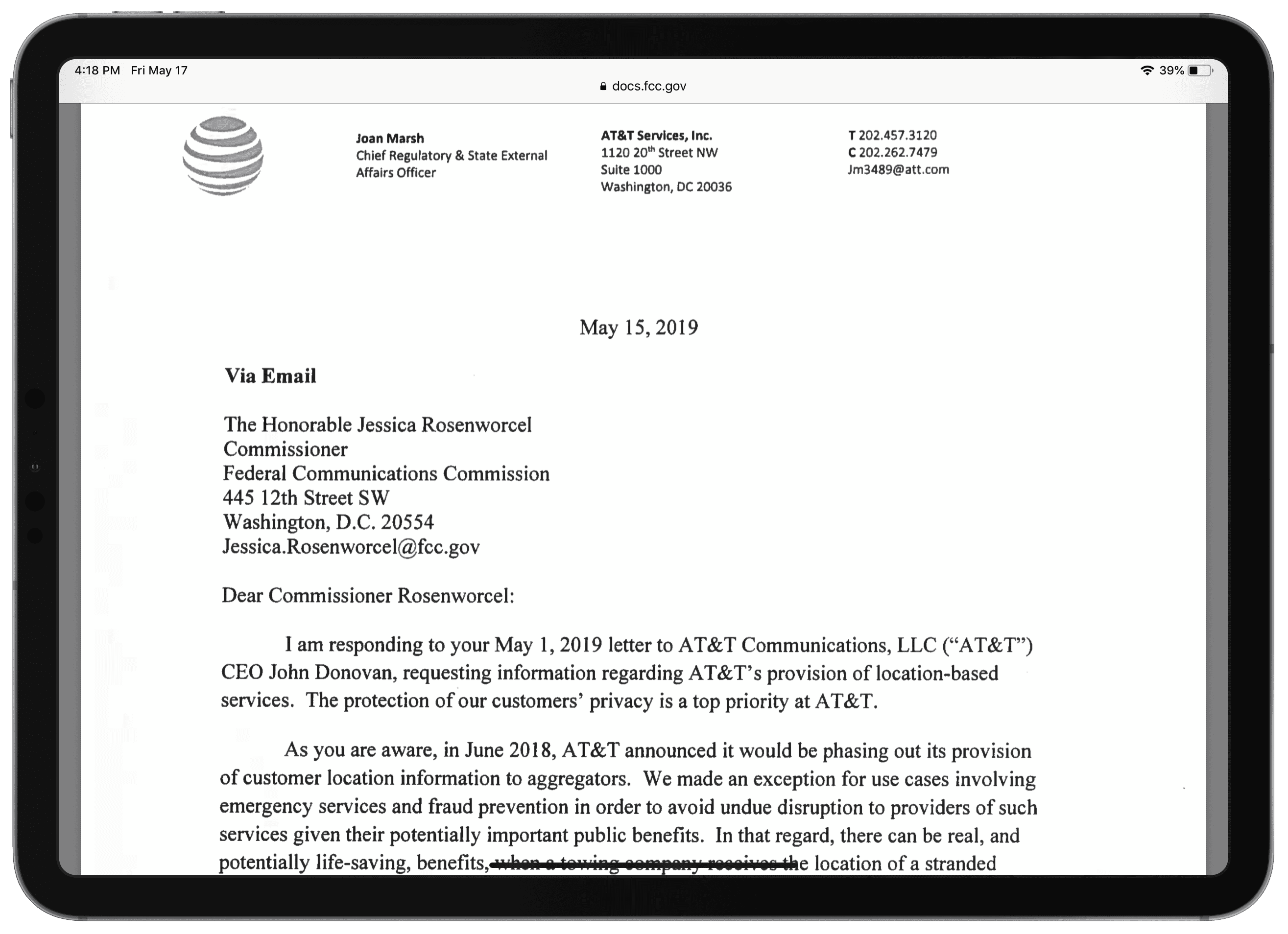 Carrier letters to FCC about selling location data
