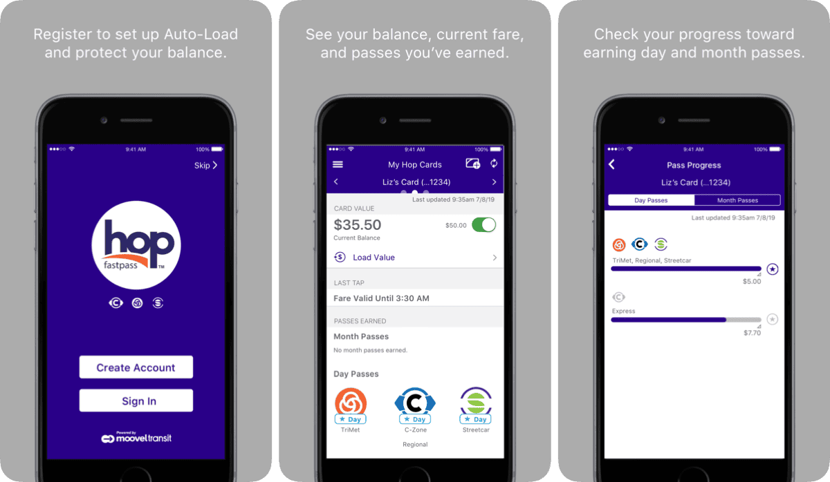 Screenshots of hop fastpass app for Portland transit