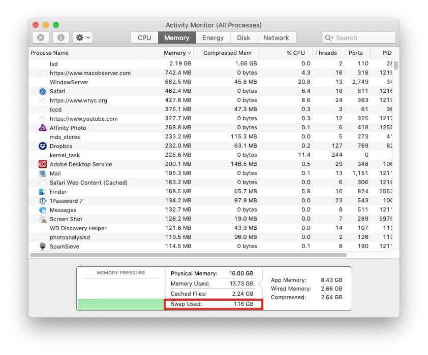 Activity Monitor's Memory tab displays the size of your Virtual Memory swap file.