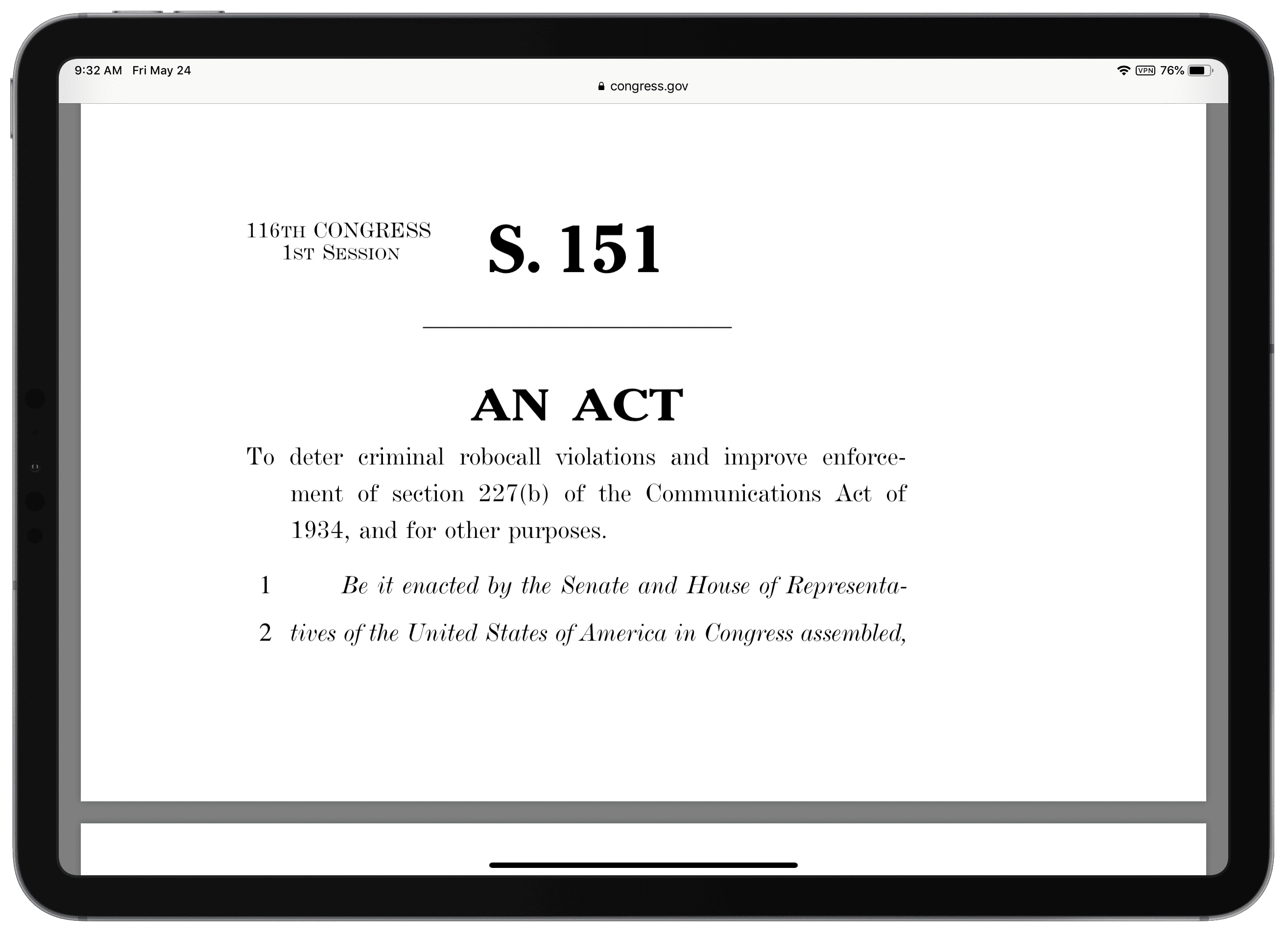 Screenshot of TRACED act