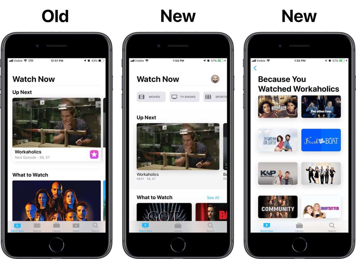 Screenshots of the new TV app in the iOS 12.3 update