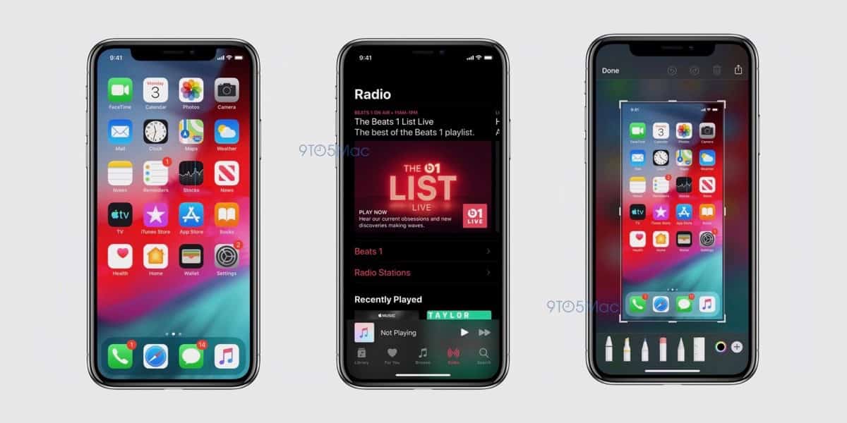 iOS 13 screenshots showing dark dock, Apple Music, and markup