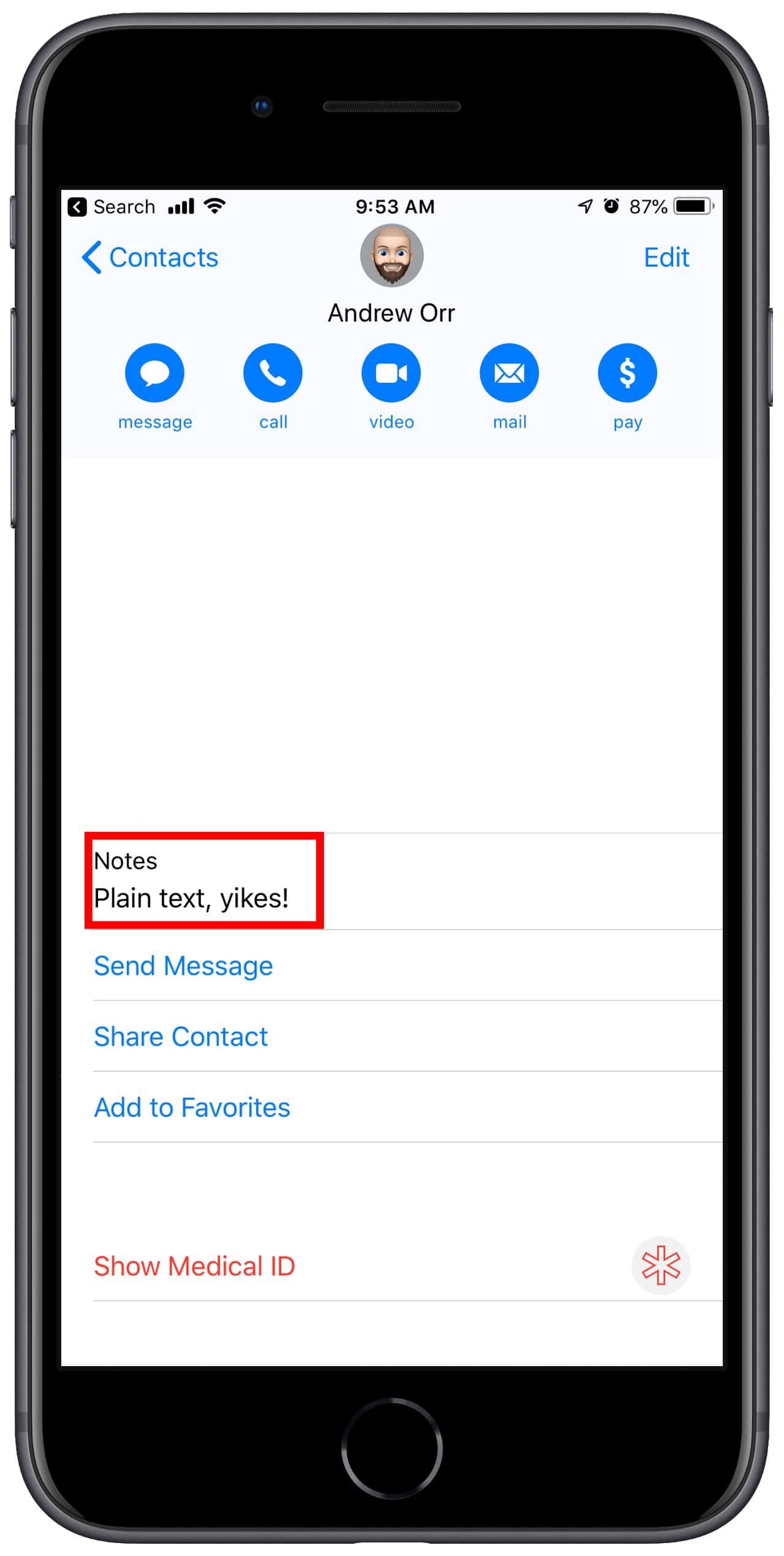 iOS 13 private notes in contacts