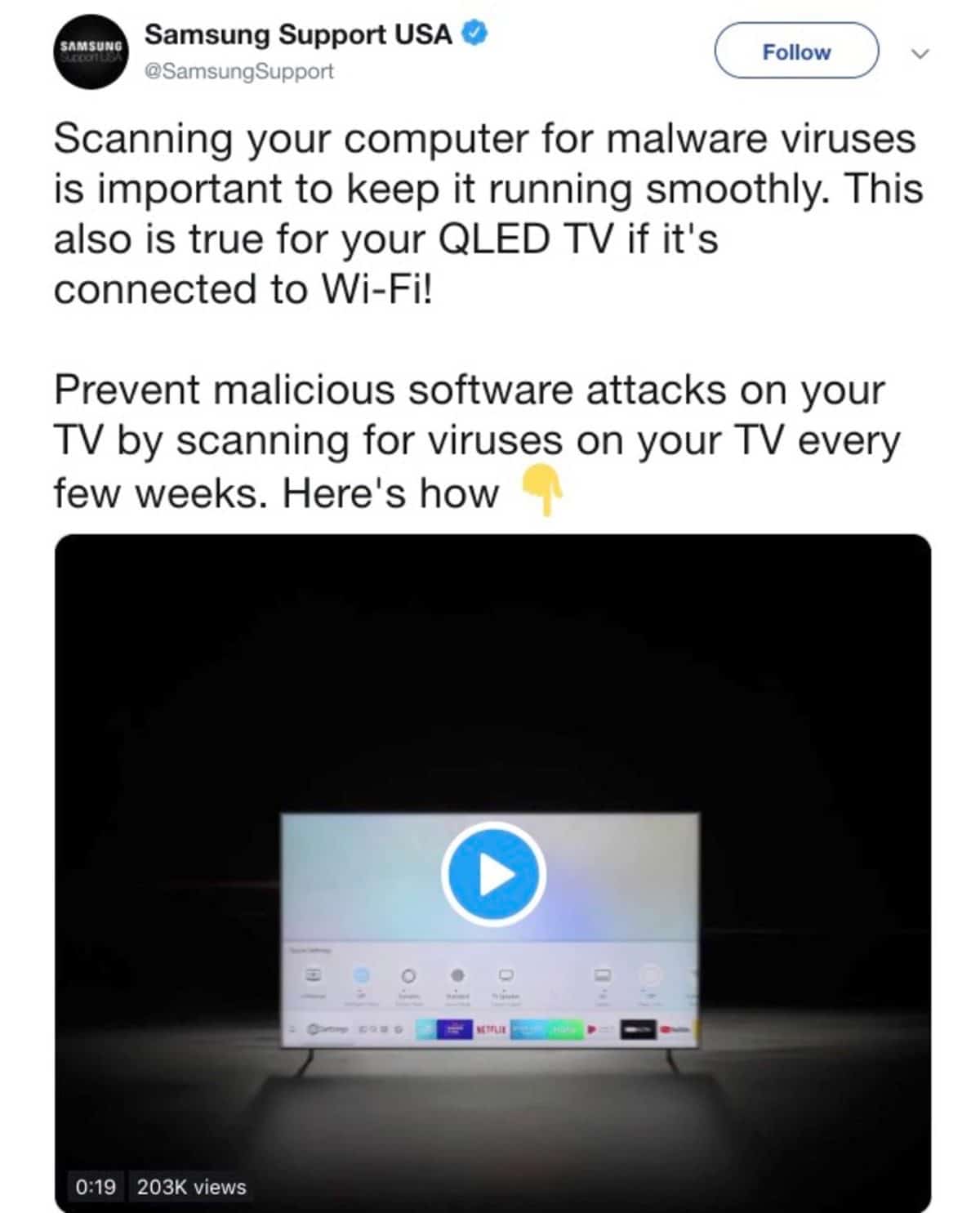 Samsung smart TV malware tweet