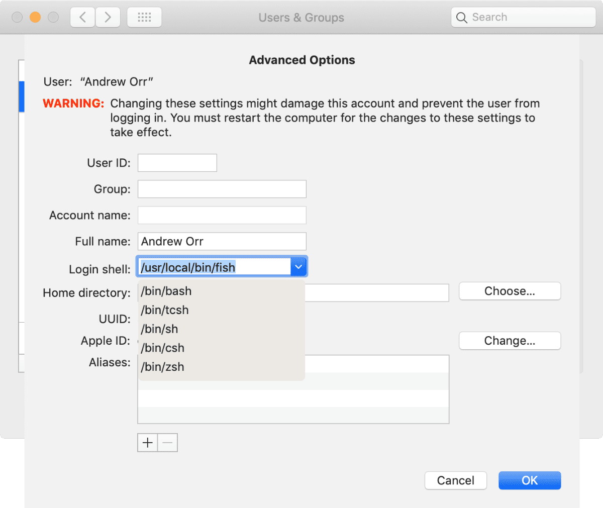 Selecting z shell in system preferences