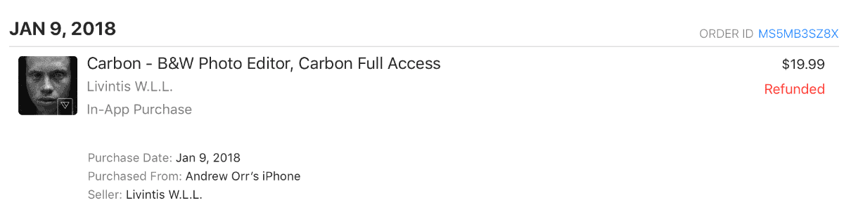 carbon purchase refund screenshot