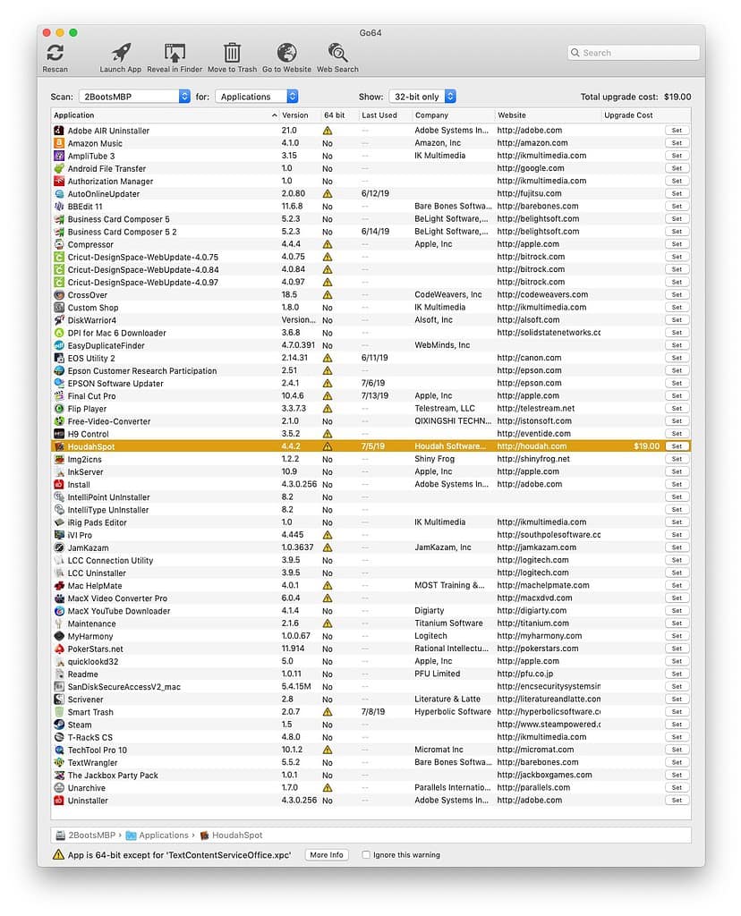 Apps marked with a yellow triangle are 64-but have at least one 32-bit component. 