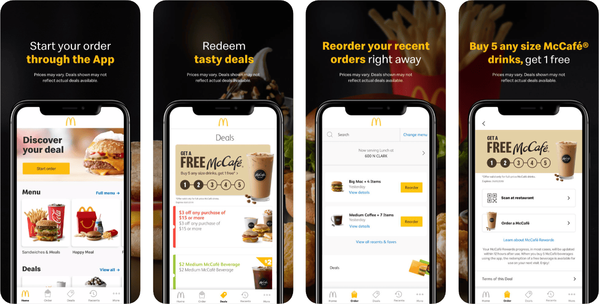 screenshots of mcdonald's app