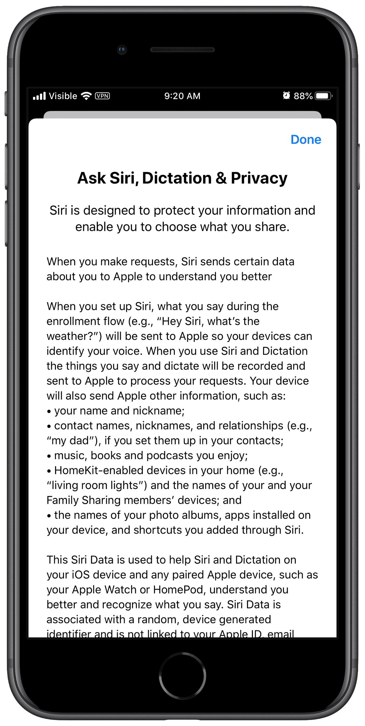 screenshot of siri grading in iOS settings