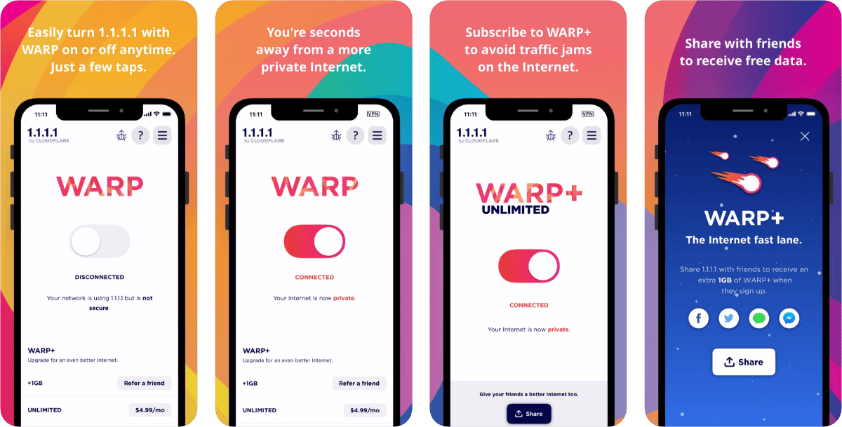 Screenshots of warp vpn app