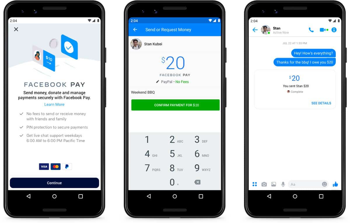 Screenshots of Facebook pay