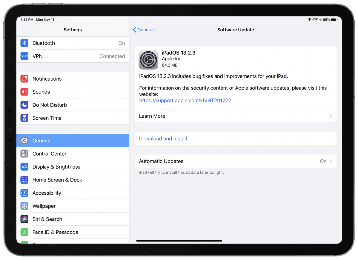 Screenshot of iPadOS 13.2.3 iOS 13.2.3