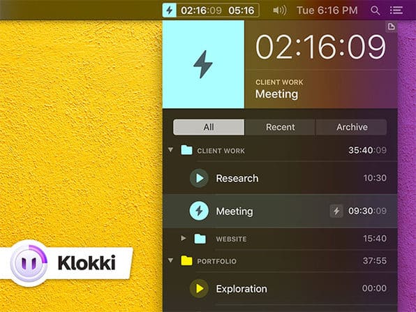 Klokki Automatic Time Tracking Tool for Mac: $12.74