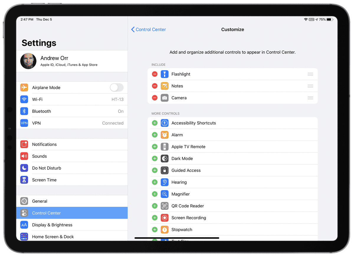 Customize control center on ipad