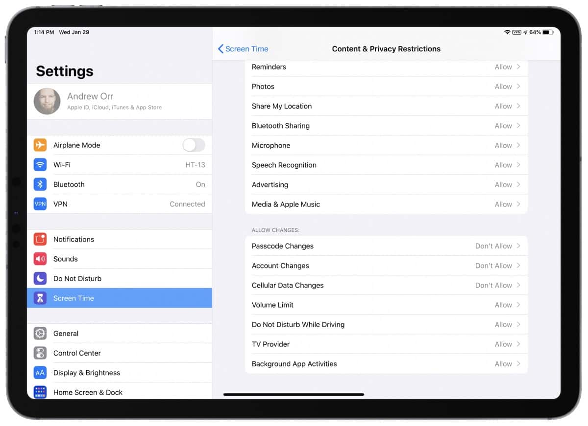Screenshot of screen time privacy on iPad