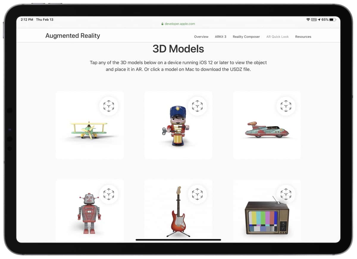 Screenshot of 3D models on AR quick look website