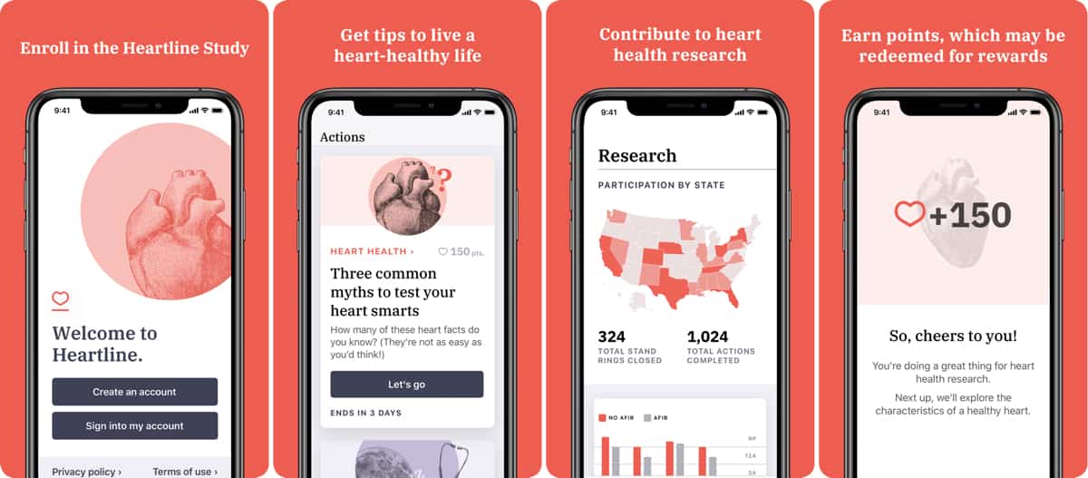 Screenshots of heartline study app.