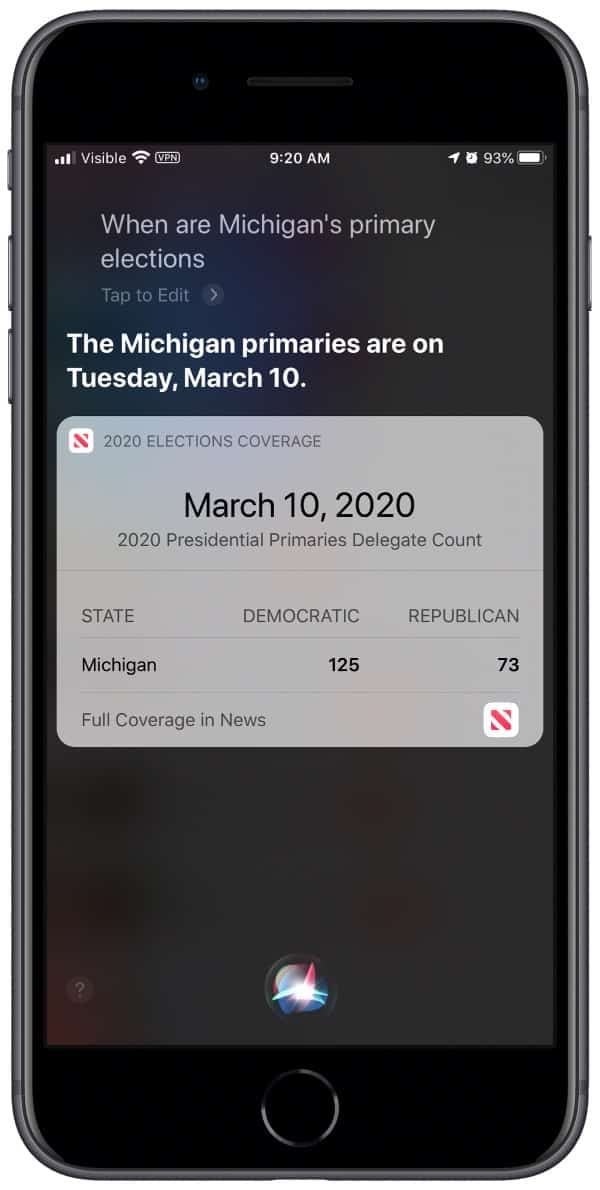 Screenshot of Siri election question