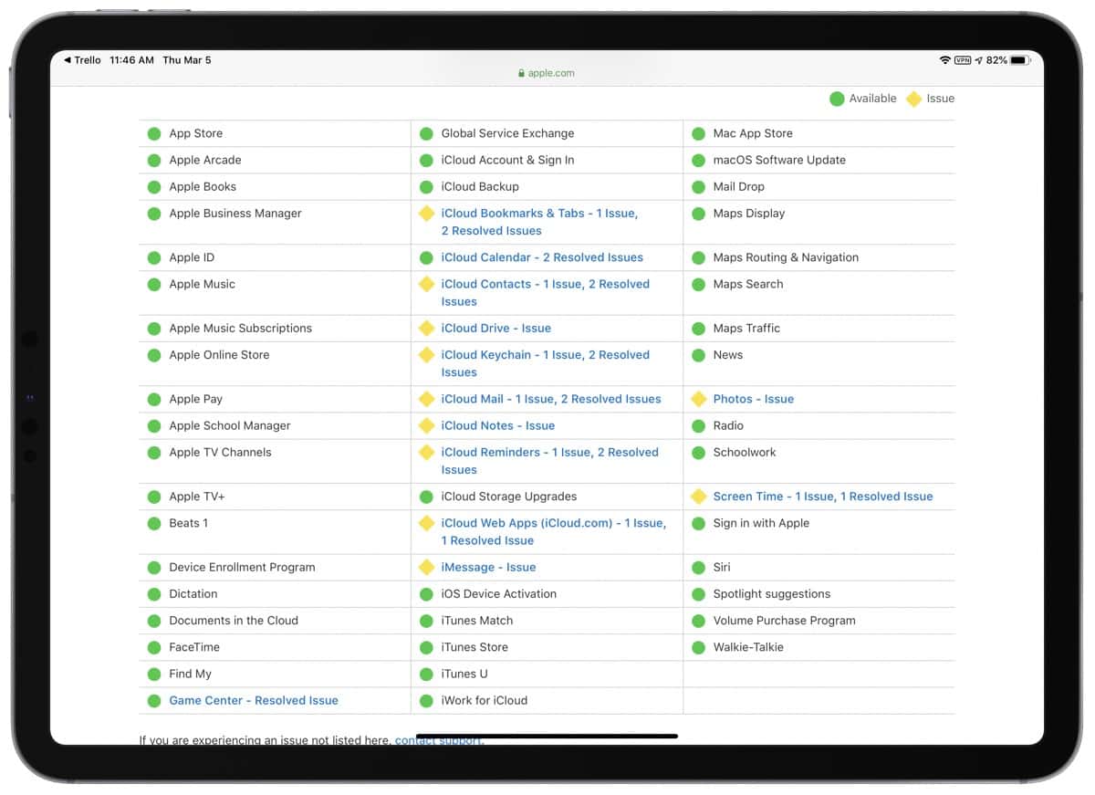 Screenshot of icloud slow system status page