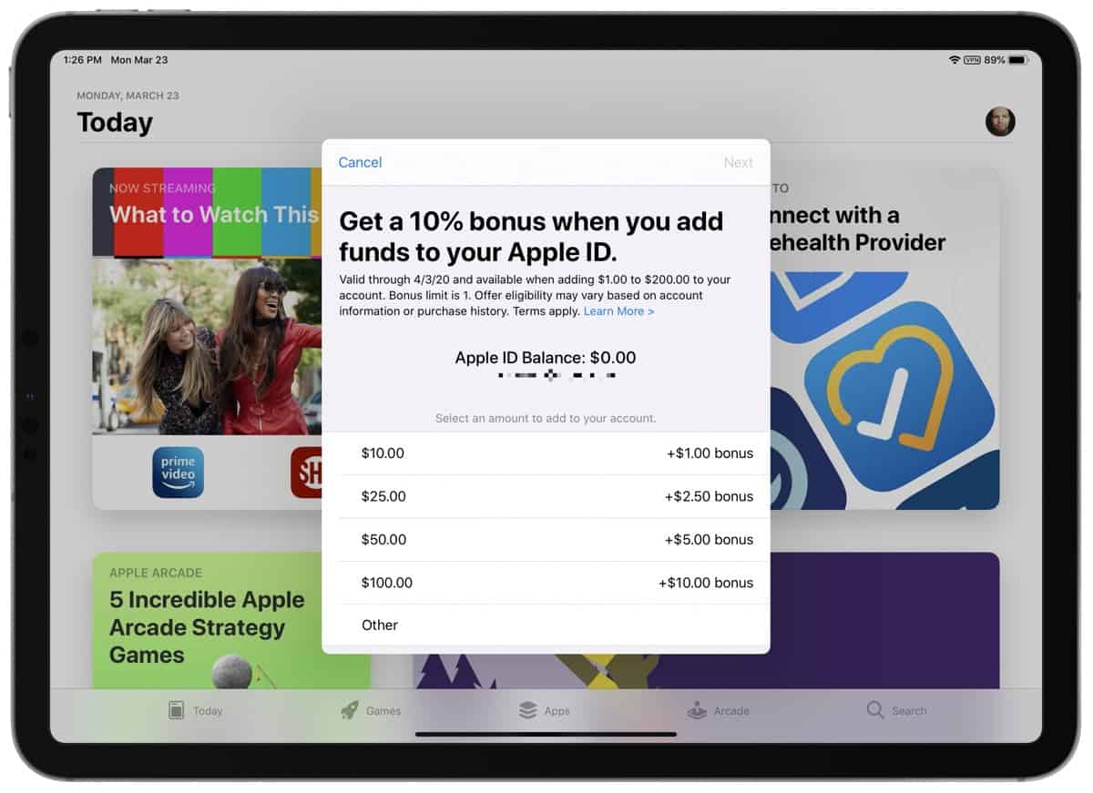 Screenshot showing you how to add funds to Apple ID