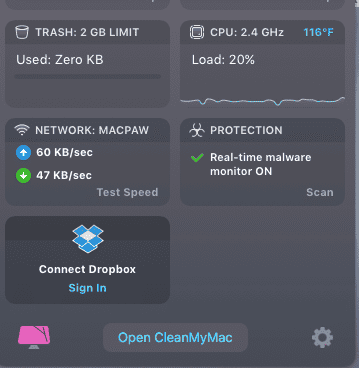 Screenshot of CleanMyMac X's menu bar dropdown