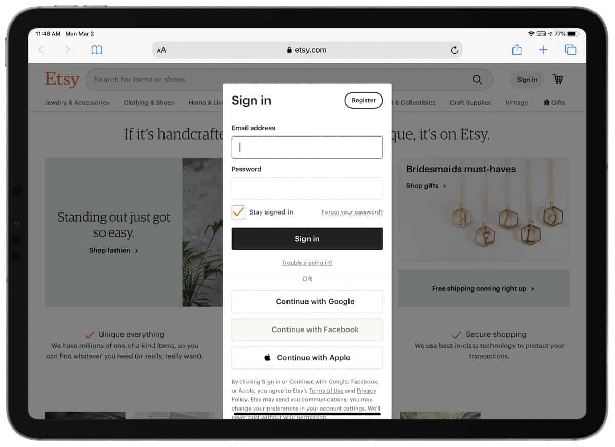 Etsy Gets Updated to Support Sign In with Apple