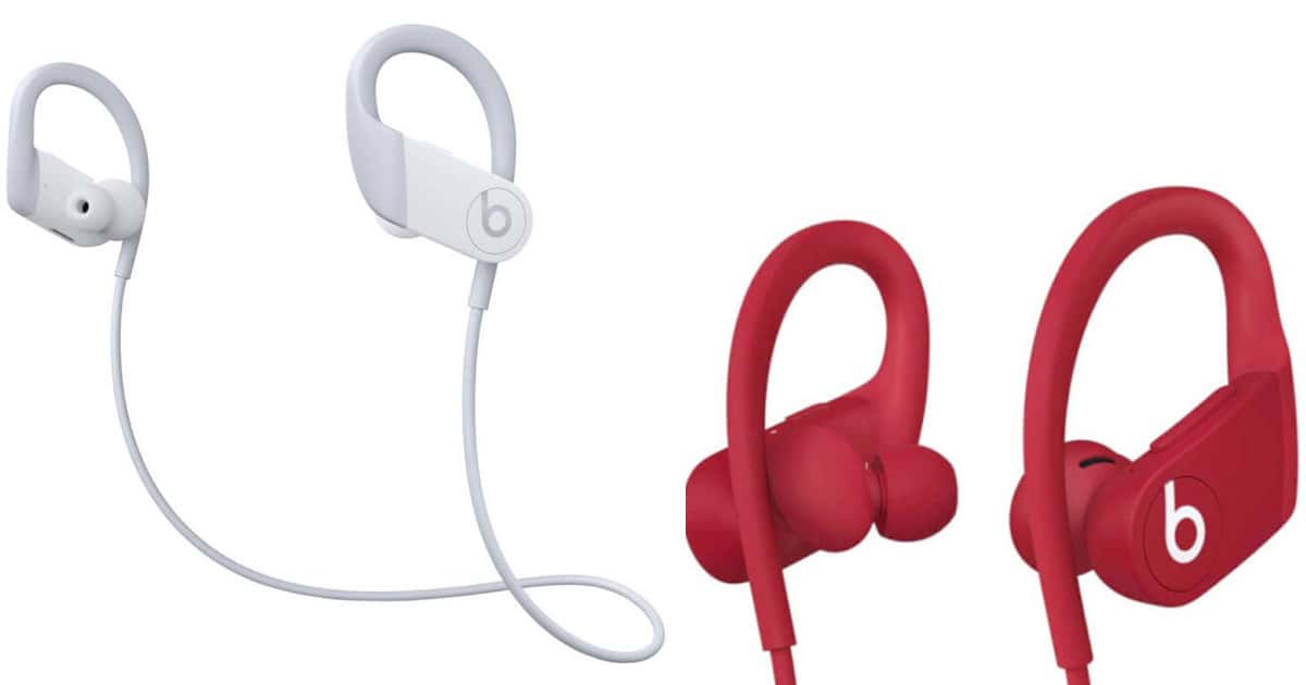 Images of white and read Powerbeats 4 headphones.
