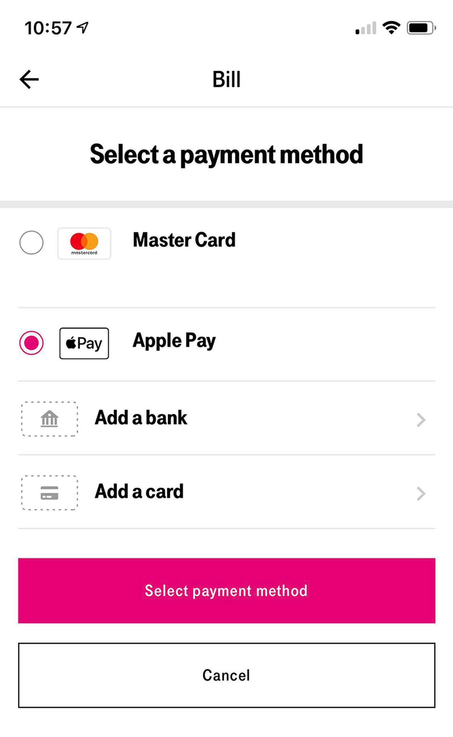 Screenshot of Apple Pay in the t-mobile app