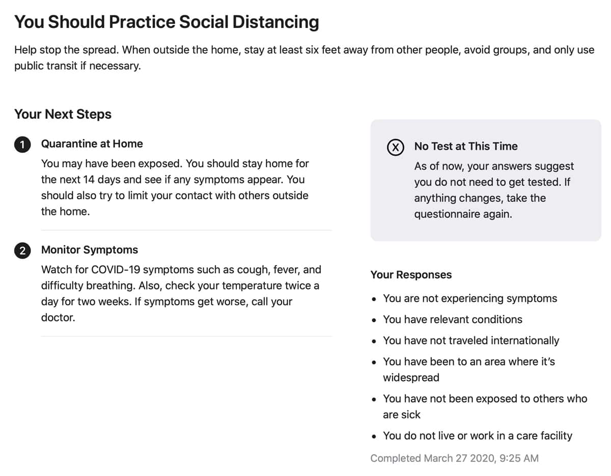 Screenshot from Apple's COVID-19 Screening Tool