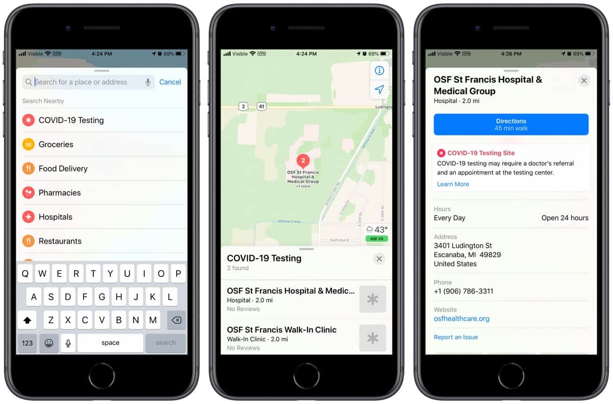 Covid-19 testing locations in Apple Maps 