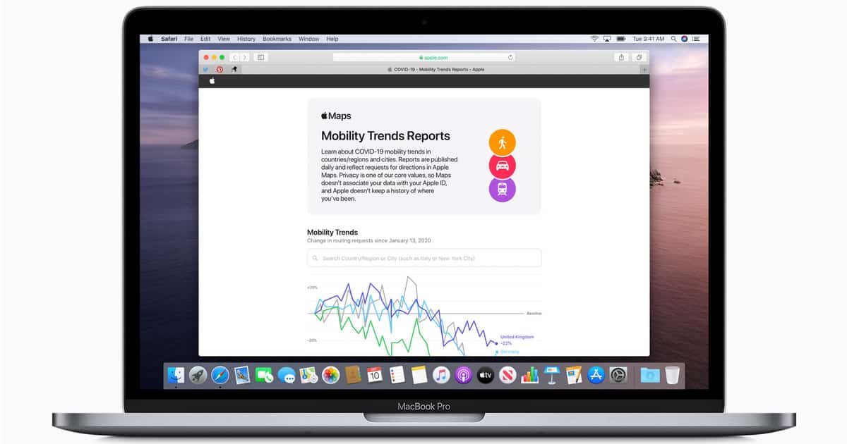 Screen showing Apple coronavirus mobility data set