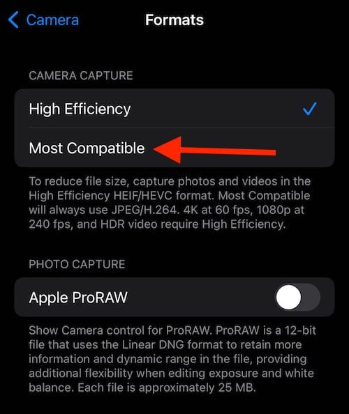 Convert HEIC to JPG on iPhone - Settings - Camera - Formats - Most Compatible